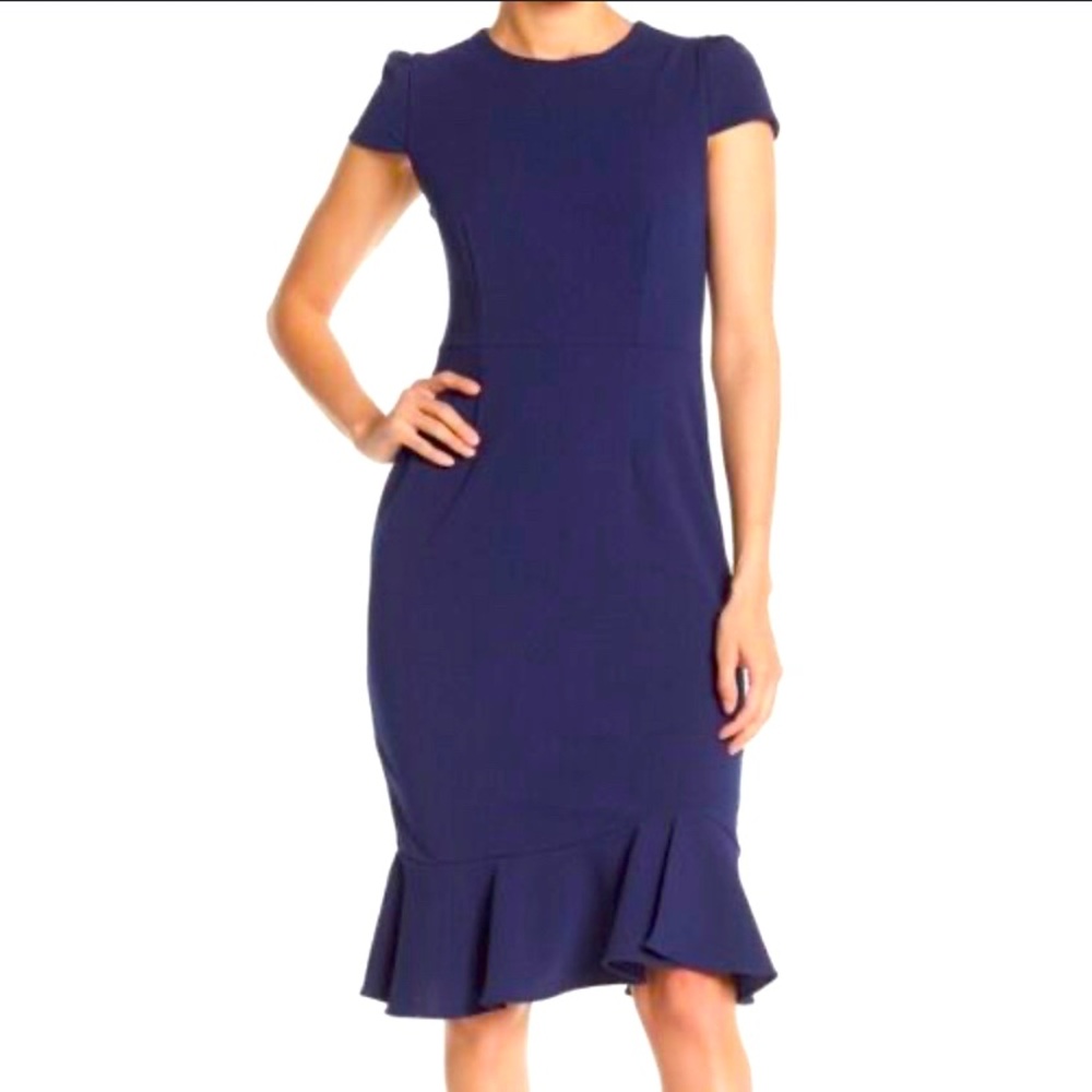Betsey Johnson Scuba Crepe Dress‎ Women 8 Blue Ruffle Hem Bodycon Classic